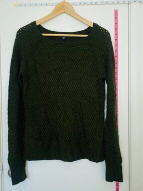 American Eagle Dark Forest Green Open Pointelle Knit Crewneck Sweater